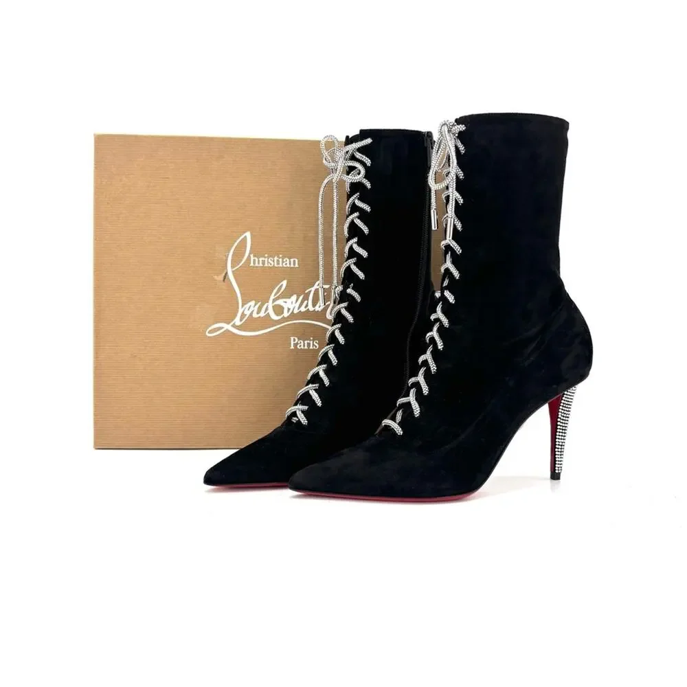 NEW Christian Louboutin Astrid Lace Strass Booty 85 Embellished Boots 37 - Picture 3 of 10